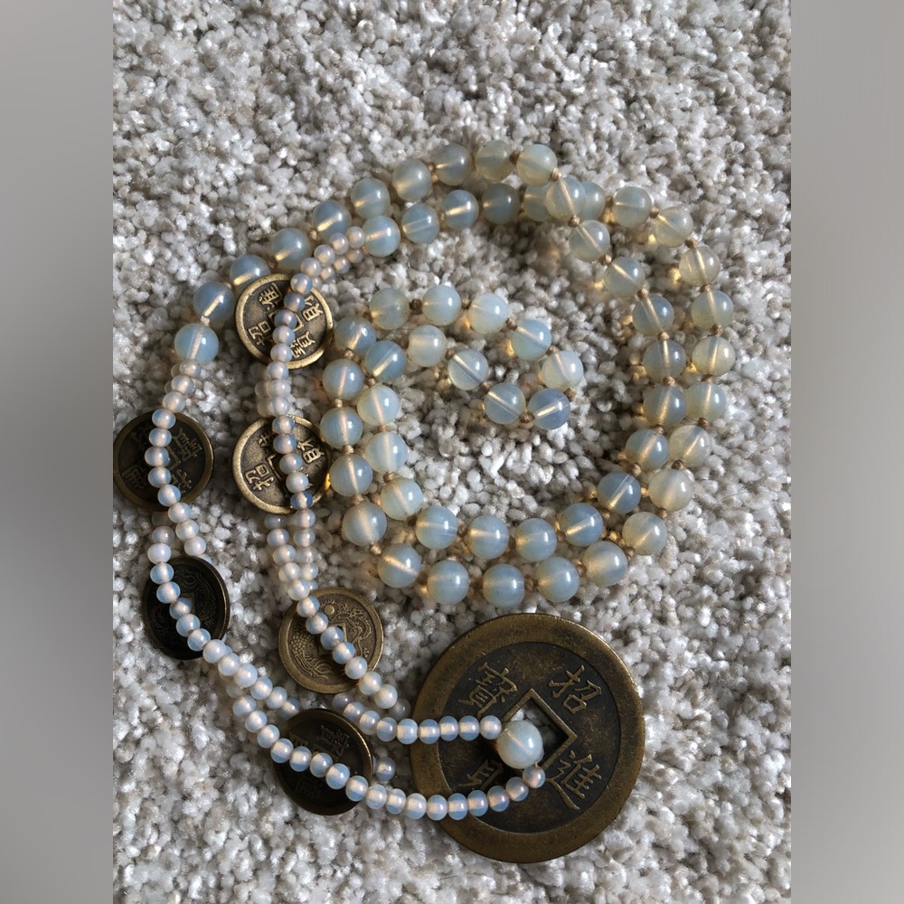 VTG Japanese Coin Necklace Dragon & Phoenix Translucent Moonglow Glass Beads 32” - Picture 1 of 12